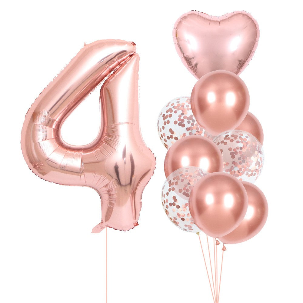 Set 10 Baloane Folie si Latex, ANGELBEAR, Tematica Aniversare, Baloane Latex 25cm, Figurina Inimioara 45 cm, Cifra 4 de 81 cm, Ambalaj Individual, Pai Inclus, Umflare cu Aer sau Heliu, Roz Pal
